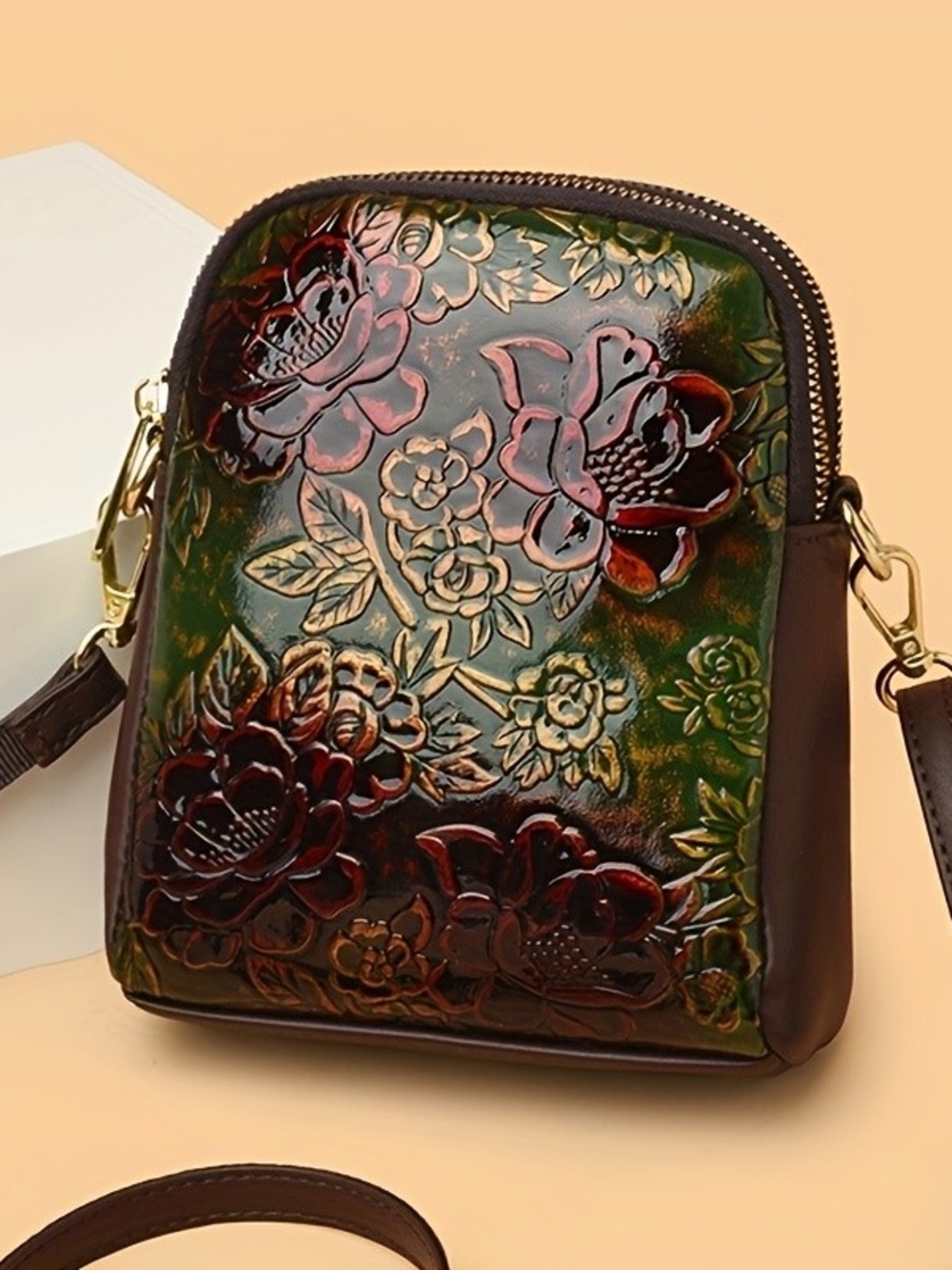 Green and Brown Embossed Floral Crossbody Bag